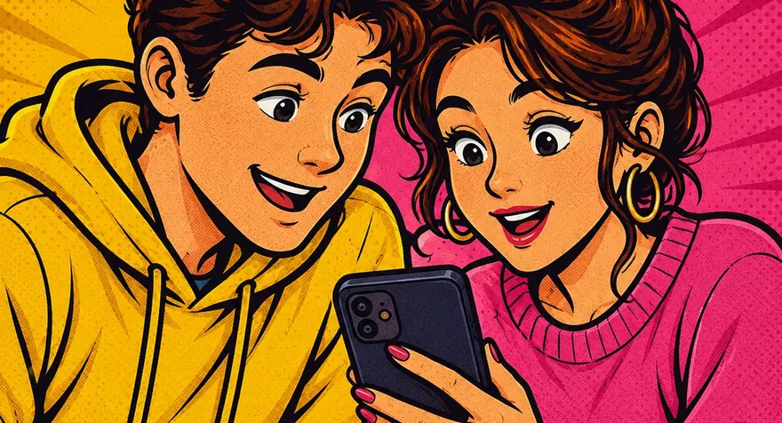 Two friends side by side, looking at one phone